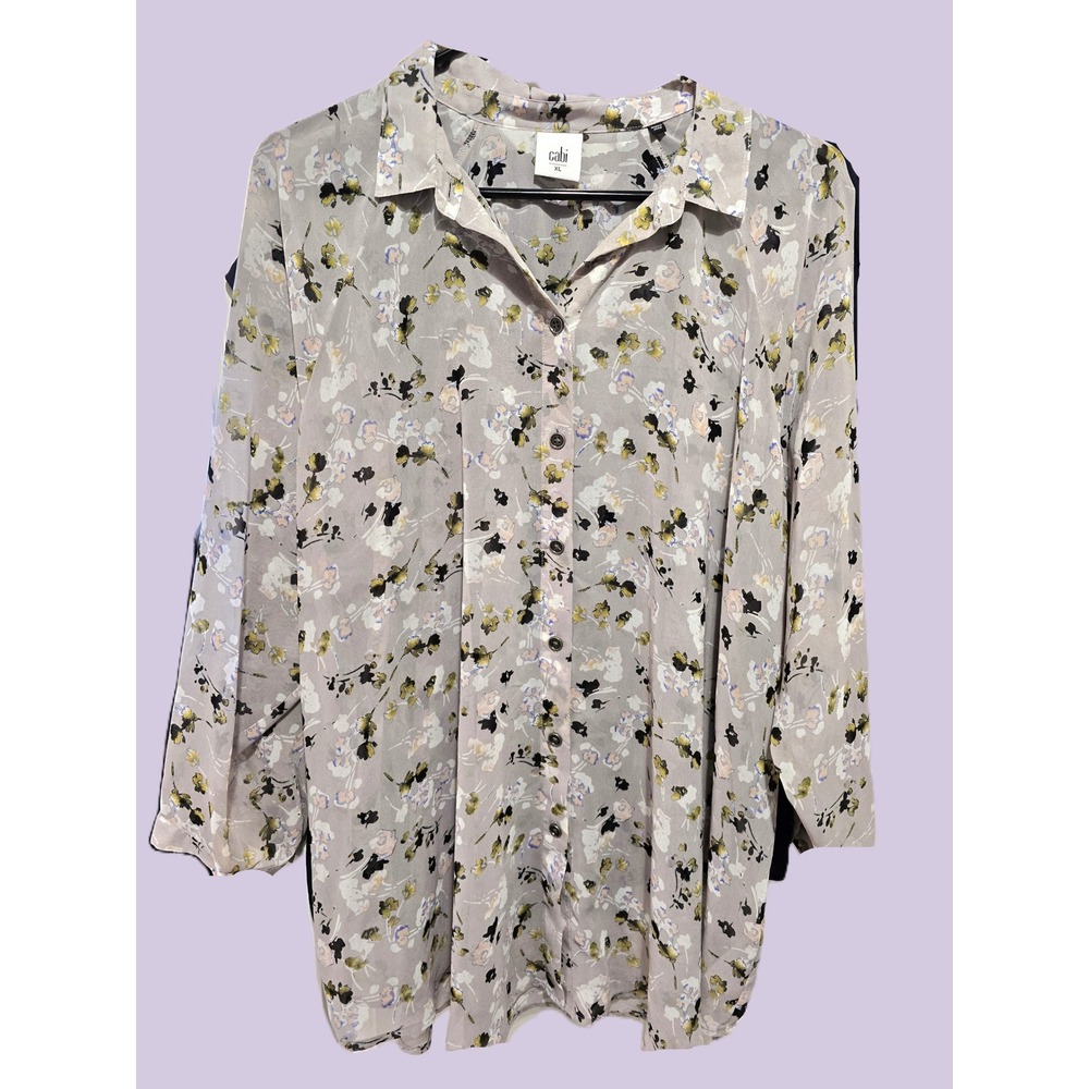 CABI women's long sleeve button up collar Matinee blouse gray floral sheer XL - Picture 3 of 3